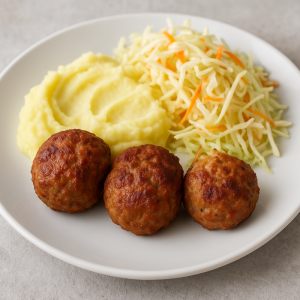 Meniu 3 chiftele de porc + garnitura la alegere si salata de varza