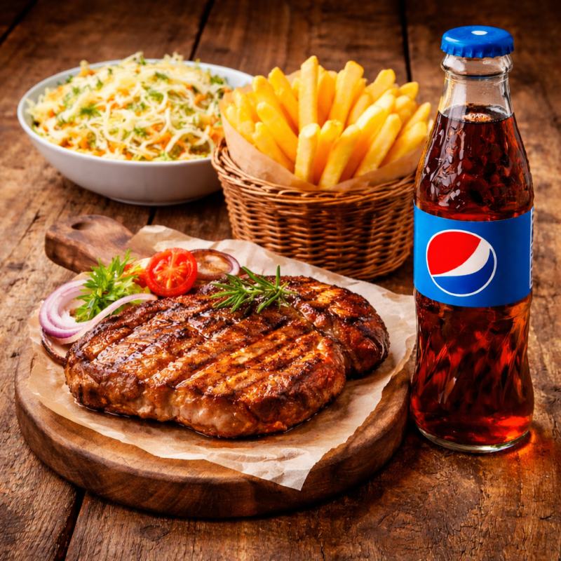 Meniu Ceafă + cartofi prajiti+salată+Pepsi 250 ml