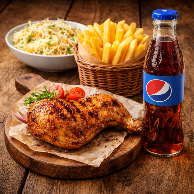 Pulpă pui+cartofi prăjiți+salata varza+Pepsi 250 ml